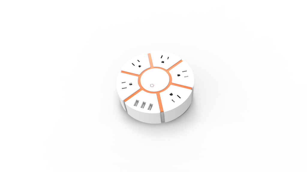 5-Outlet US Power Strip with 3 USB Charging Ports, Round Pinwheel Design, Orange & White