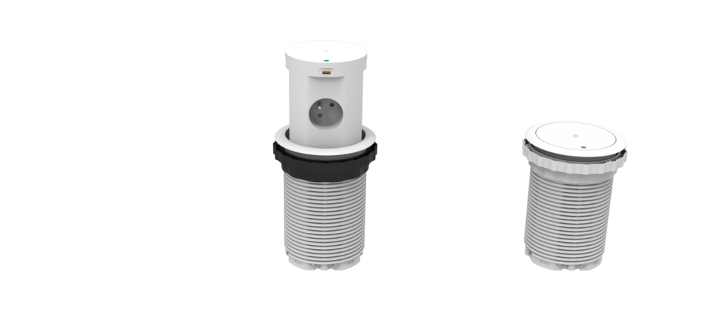 Pneumatic Pop-up Desktop Power Socket – 4-Sided Retractable Hidden Outlet Tower with 65W USB-C/A Fast Charging & 10W Wireless Charger, French Standard 16A 250V，White